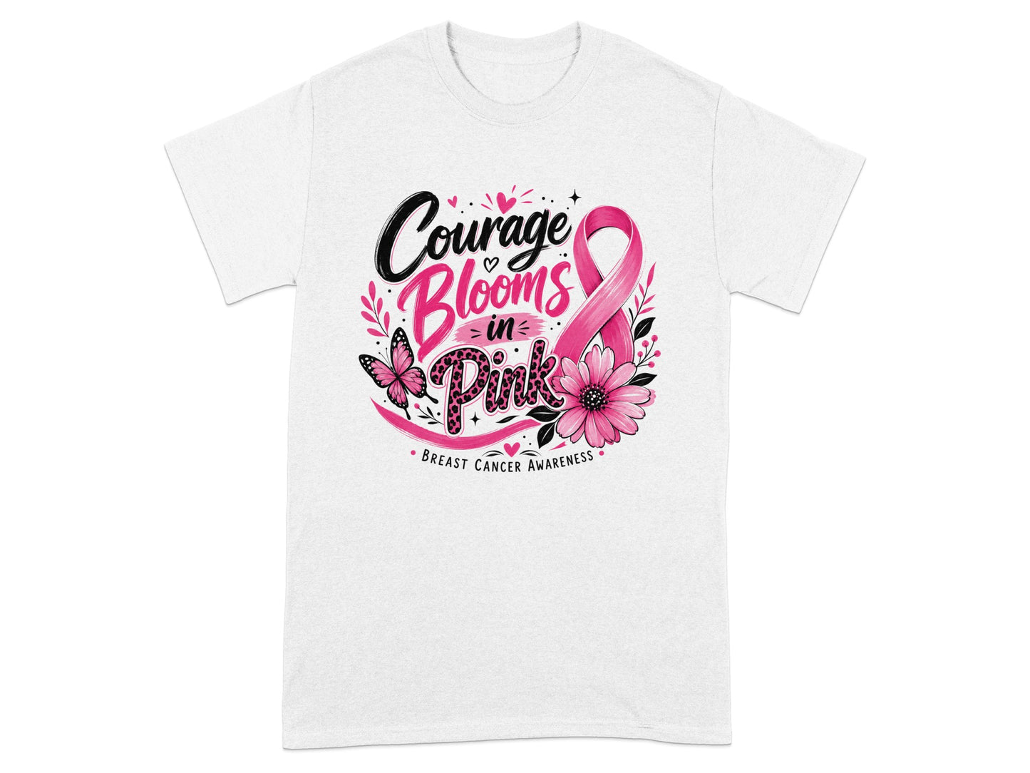 White t-shirt with "Courage Blooms in Pink" and breast cancer awareness ribbon.