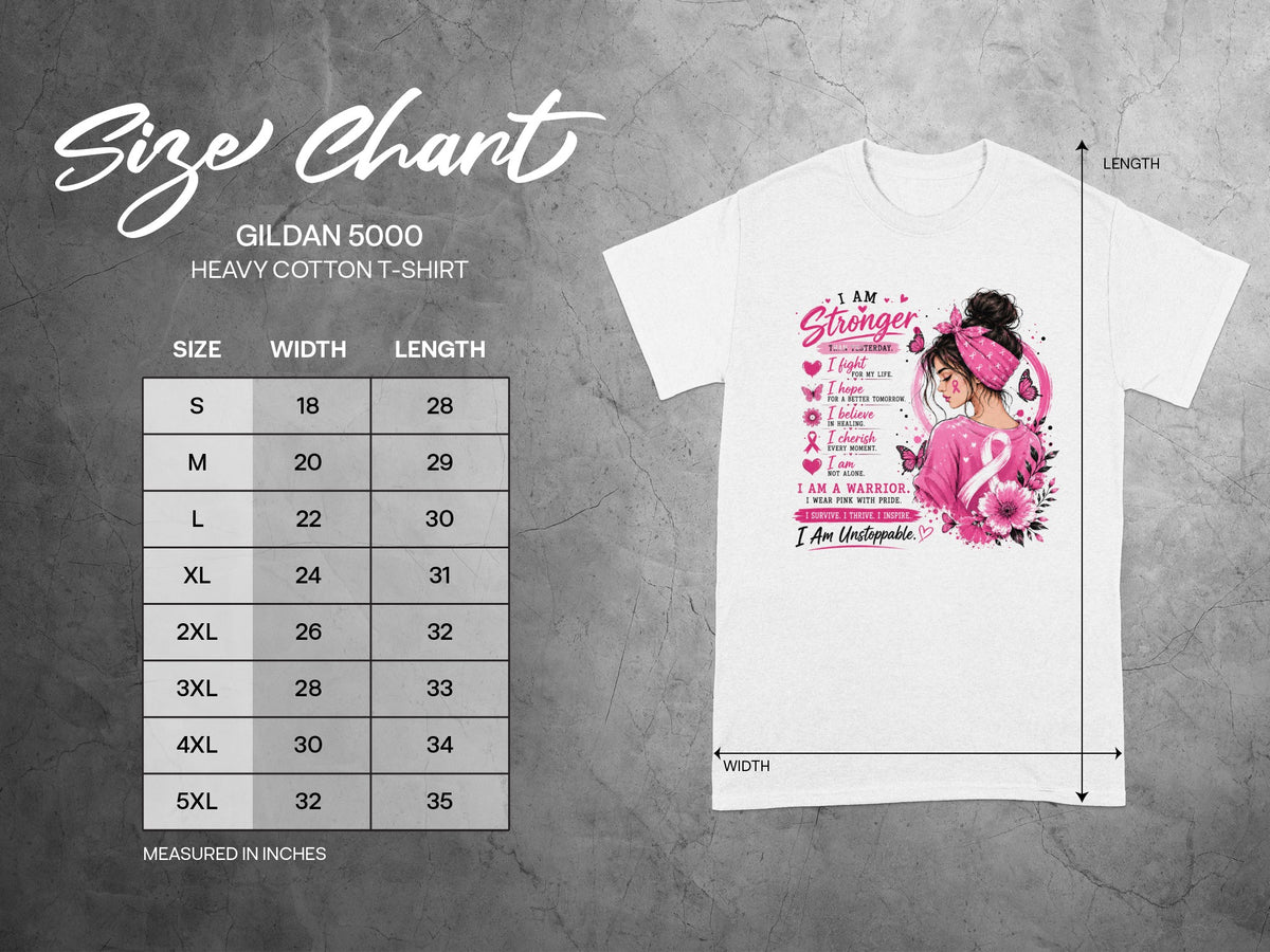Size chart for Gildan 5000 heavy cotton t-shirt with width and length measurements.