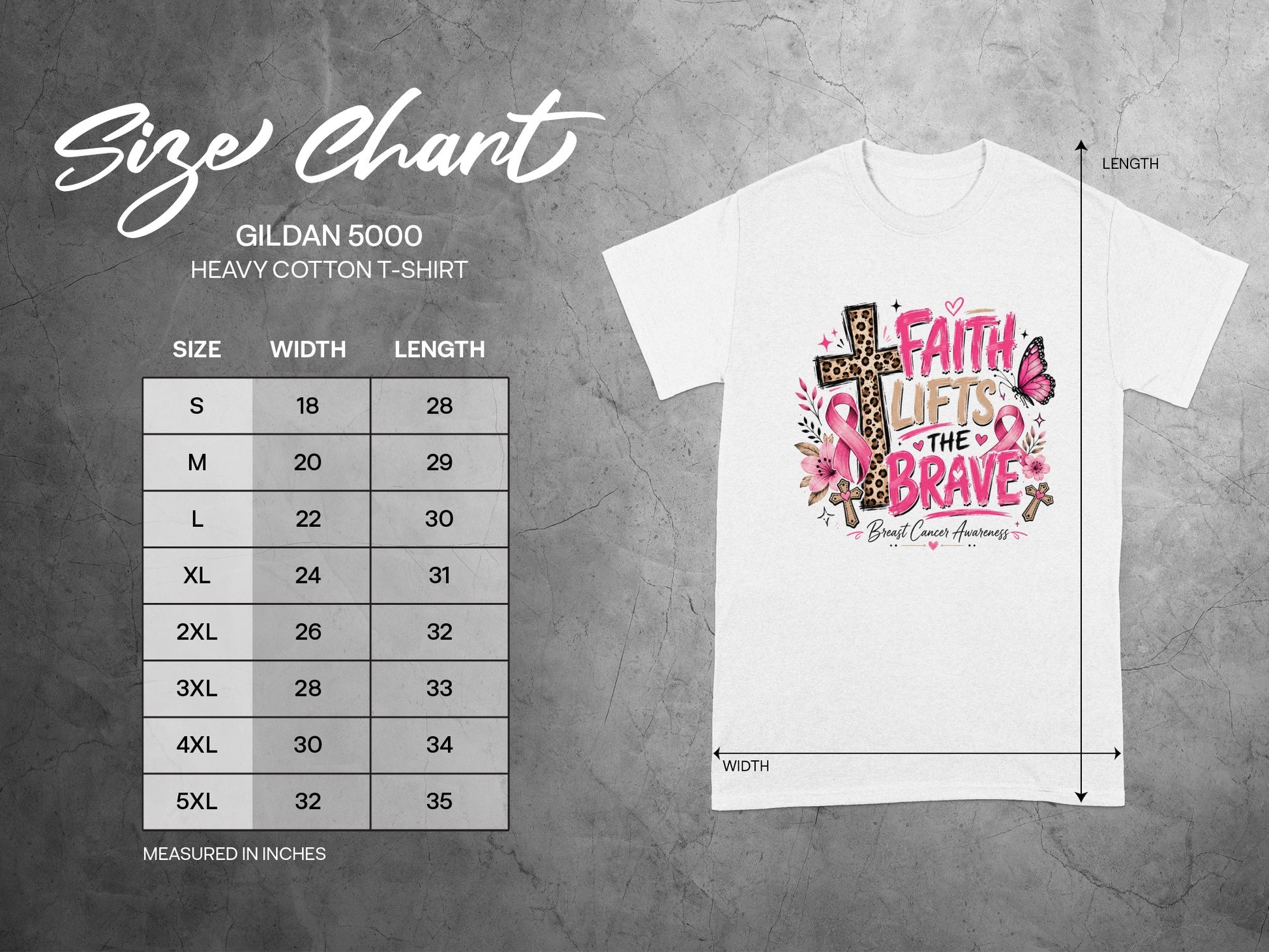 Gildan 5000 Heavy Cotton t-shirt size chart with measurements for Faith Lifts the Brave graphic.