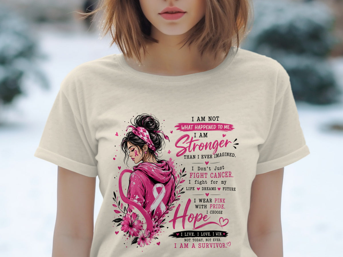Breast cancer awareness shirt with inspirational quotes and a woman with a pink ribbon.