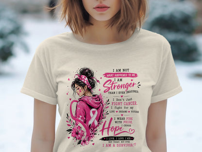 Breast cancer awareness shirt with inspirational quotes and a woman with a pink ribbon.