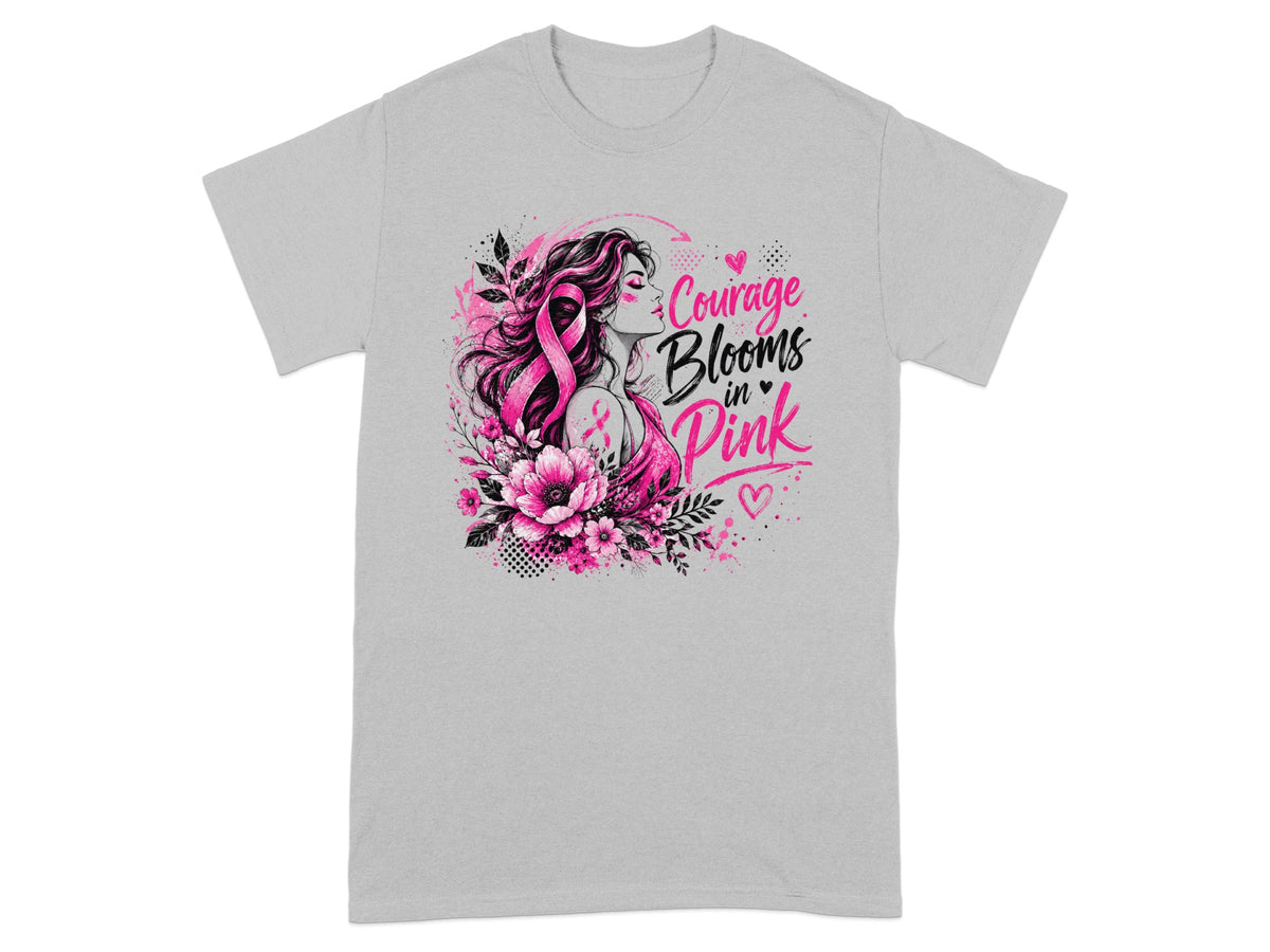 T-shirt with pink ribbon design and text "Courage Blooms in Pink".