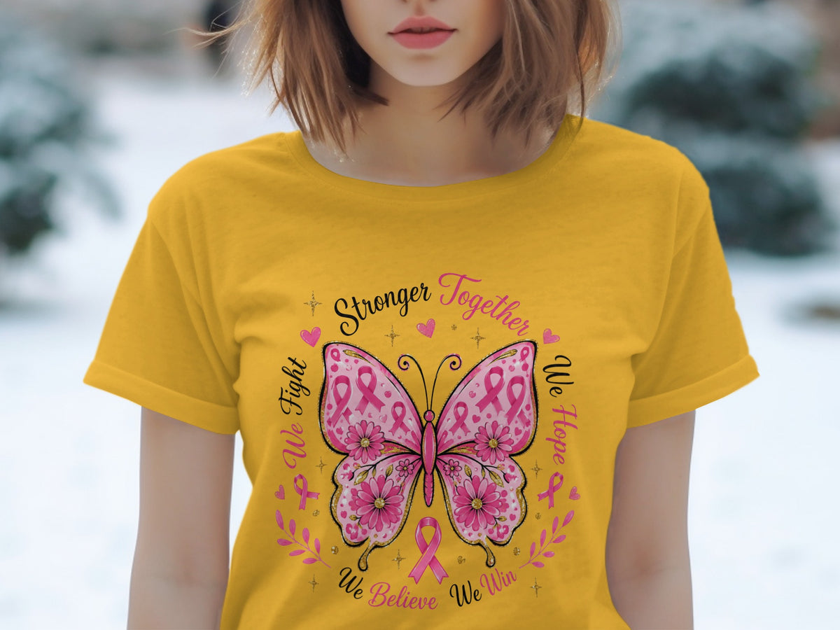 Yellow t-shirt with butterfly design and breast cancer awareness text.