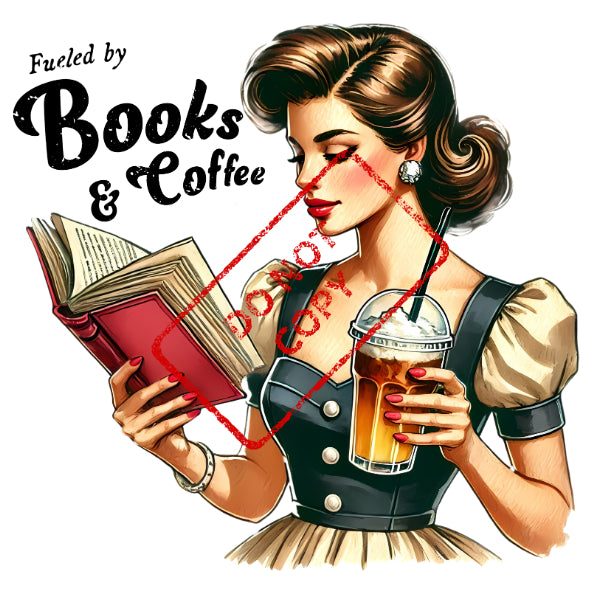 Woman reading a book and holding coffee, with text "Fueled by Books & Coffee".