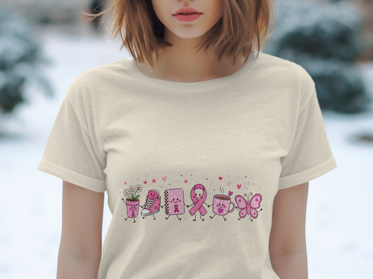 Pink cartoon characters including a flower pot, shoe, notebook, ribbon, mug, and butterfly on a light t-shirt.