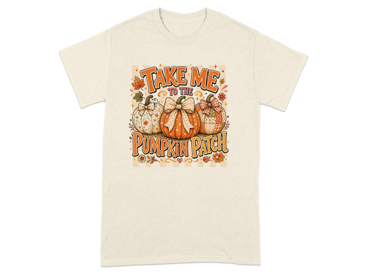 T-shirt with "Take Me to the Pumpkin Patch" text and three decorative pumpkins.
