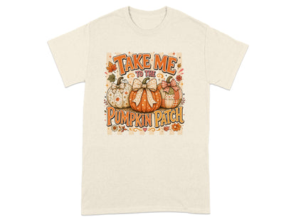 T-shirt with "Take Me to the Pumpkin Patch" text and three decorative pumpkins.