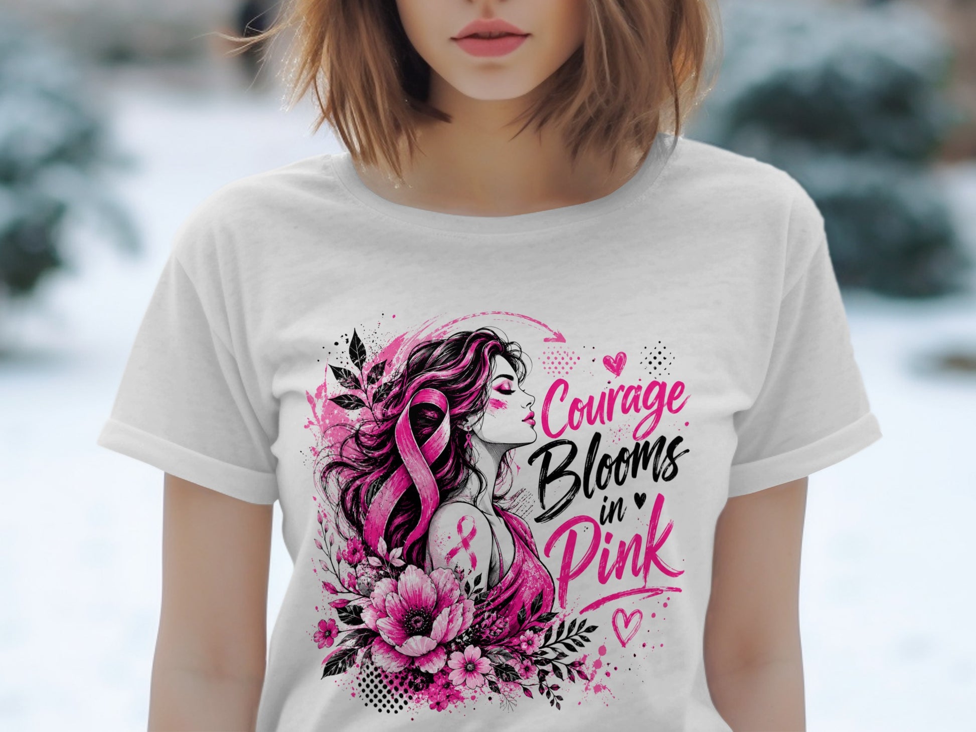 Woman with pink ribbon and flowers, text "Courage Blooms in Pink".