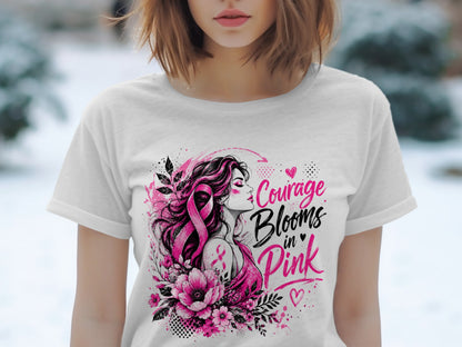 Woman with pink ribbon and flowers, text "Courage Blooms in Pink".
