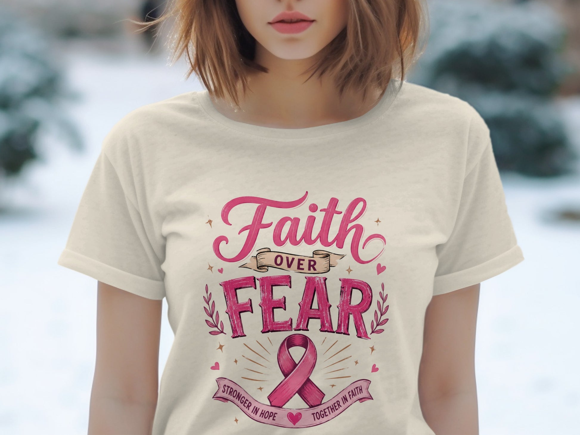 Cream t-shirt with pink text: "Faith Over Fear" and "Stronger in Hope Together in Faith".