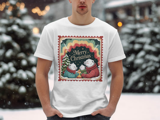 White t-shirt featuring a Christmas stamp design with polar bears and a tree.