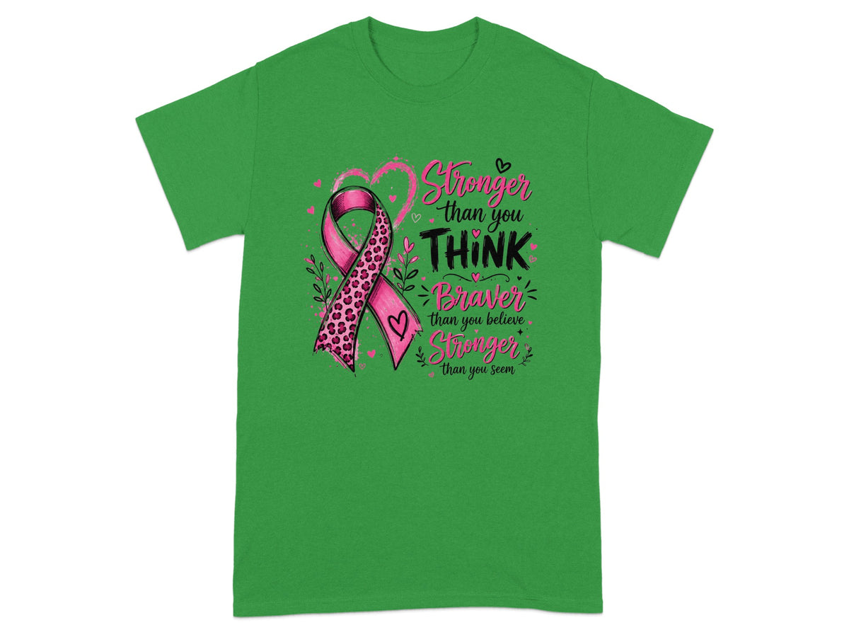 Green t-shirt with pink breast cancer ribbon and inspirational text.