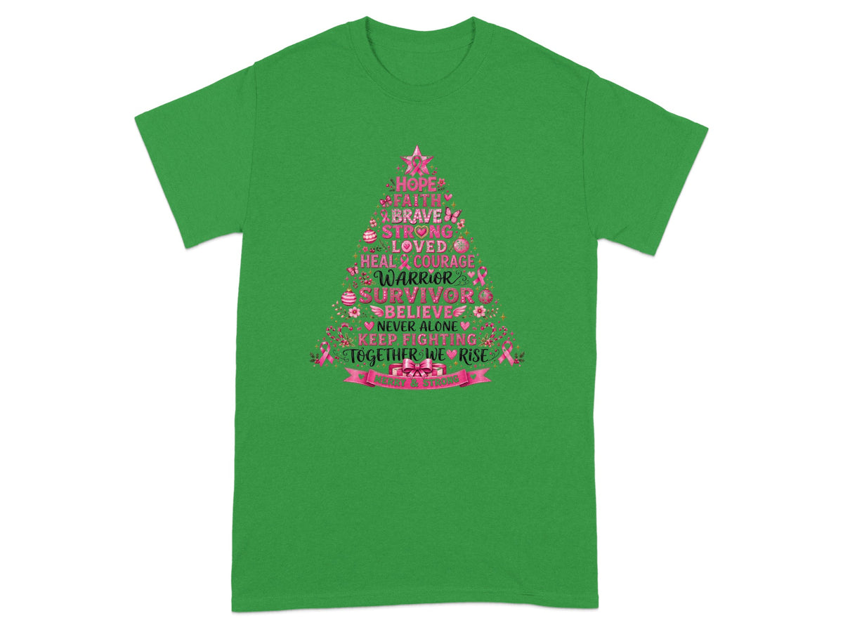 Green t-shirt with breast cancer awareness design featuring words like Hope, Survivor, and Together We Rise.