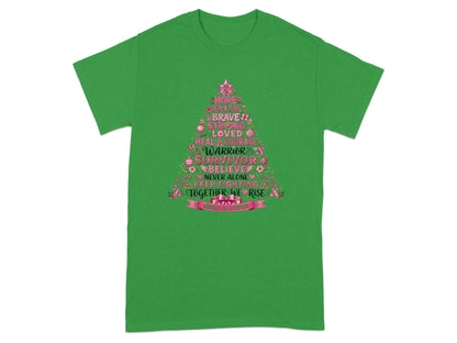 Green t-shirt with breast cancer awareness design featuring words like Hope, Survivor, and Together We Rise.