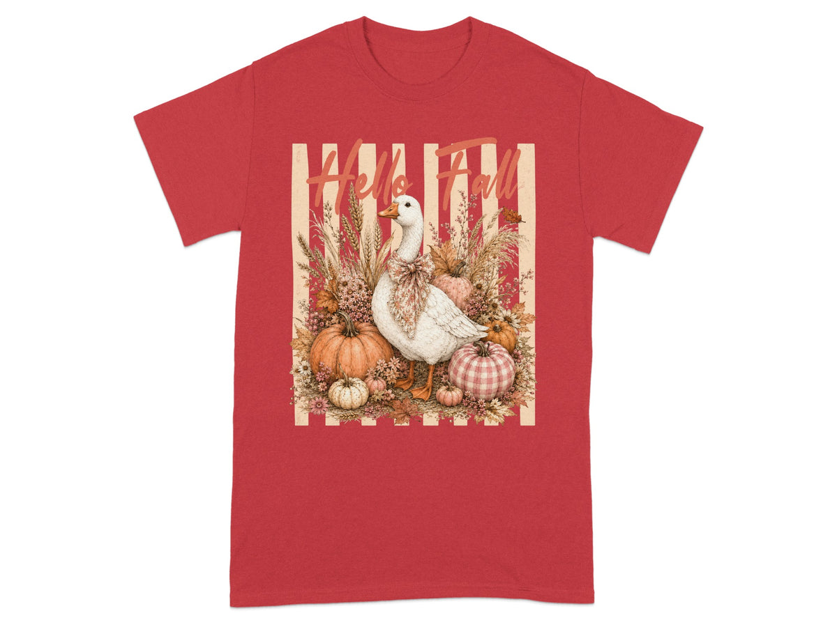 White goose with bow among pumpkins and fall foliage, "Hello Fall" text.