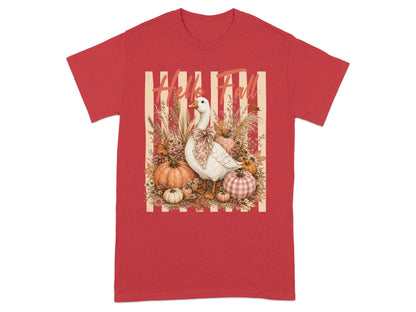 White goose with bow among pumpkins and fall foliage, "Hello Fall" text.