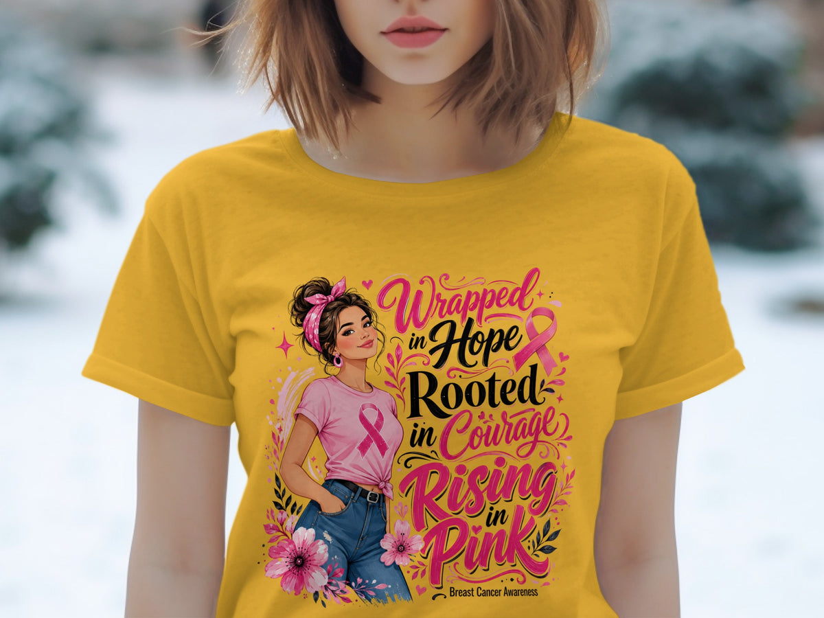 Yellow t-shirt with "Wrapped in Hope Rooted in Courage Rising in Pink" Breast Cancer Awareness graphic.