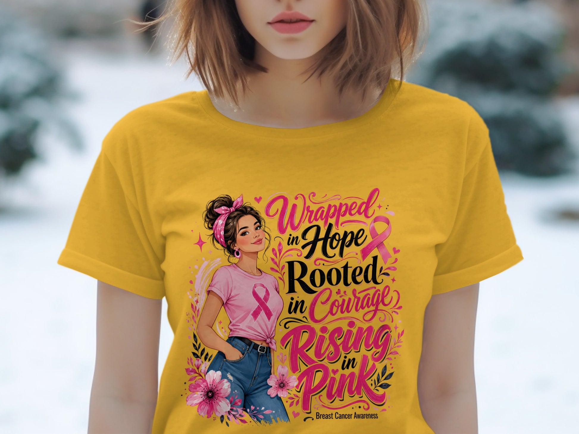Yellow t-shirt with "Wrapped in Hope Rooted in Courage Rising in Pink" Breast Cancer Awareness graphic.