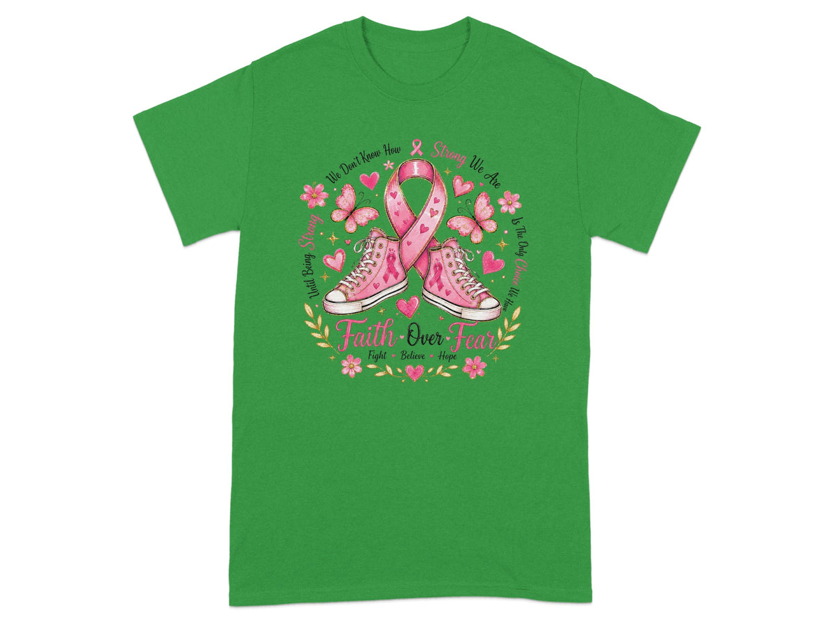 Pink breast cancer ribbon and sneakers with "Faith Over Fear" text.