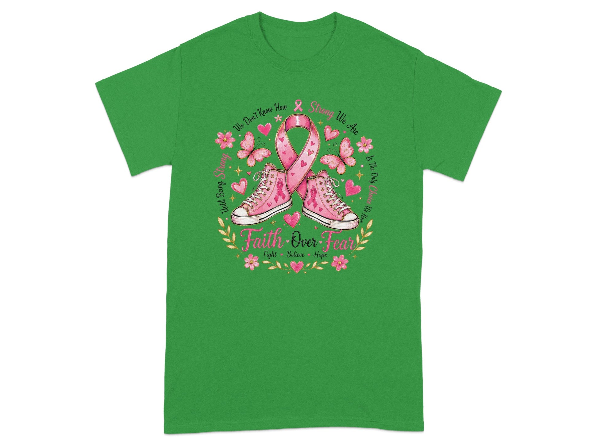 Pink breast cancer ribbon and sneakers with "Faith Over Fear" text.