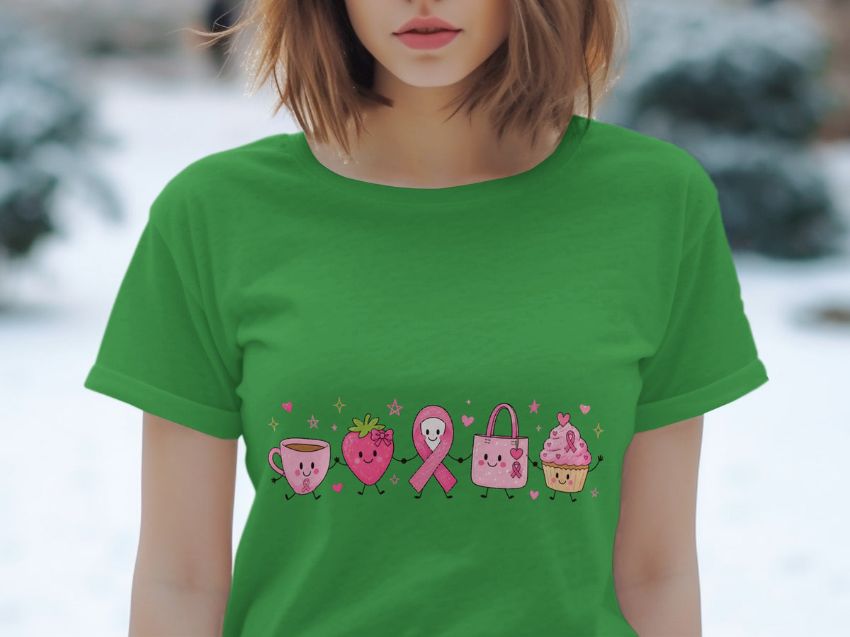 Green t-shirt with cartoon strawberry, pink ribbon, handbag, and cupcake figures.