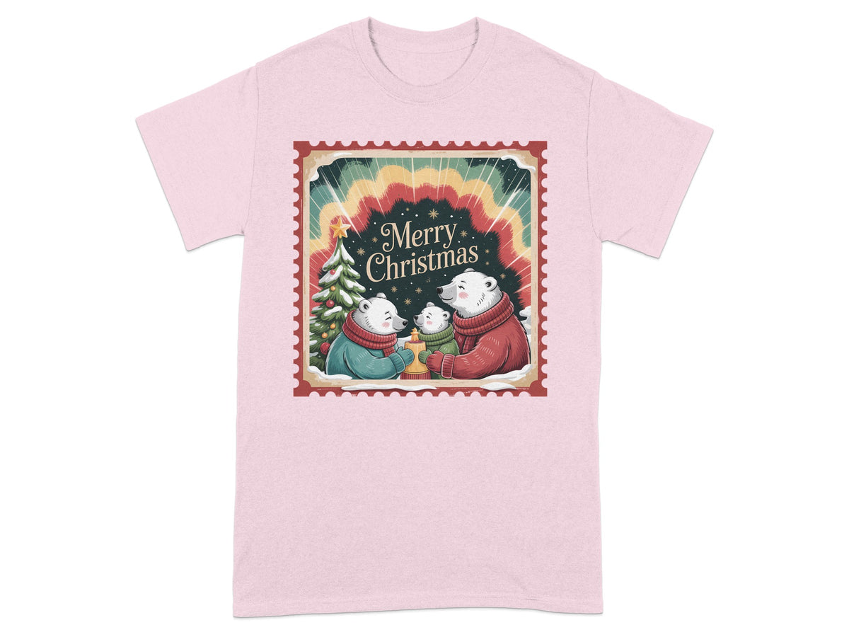 Pink t-shirt with a stamp-style graphic of polar bears and a Christmas tree saying "Merry Christmas".