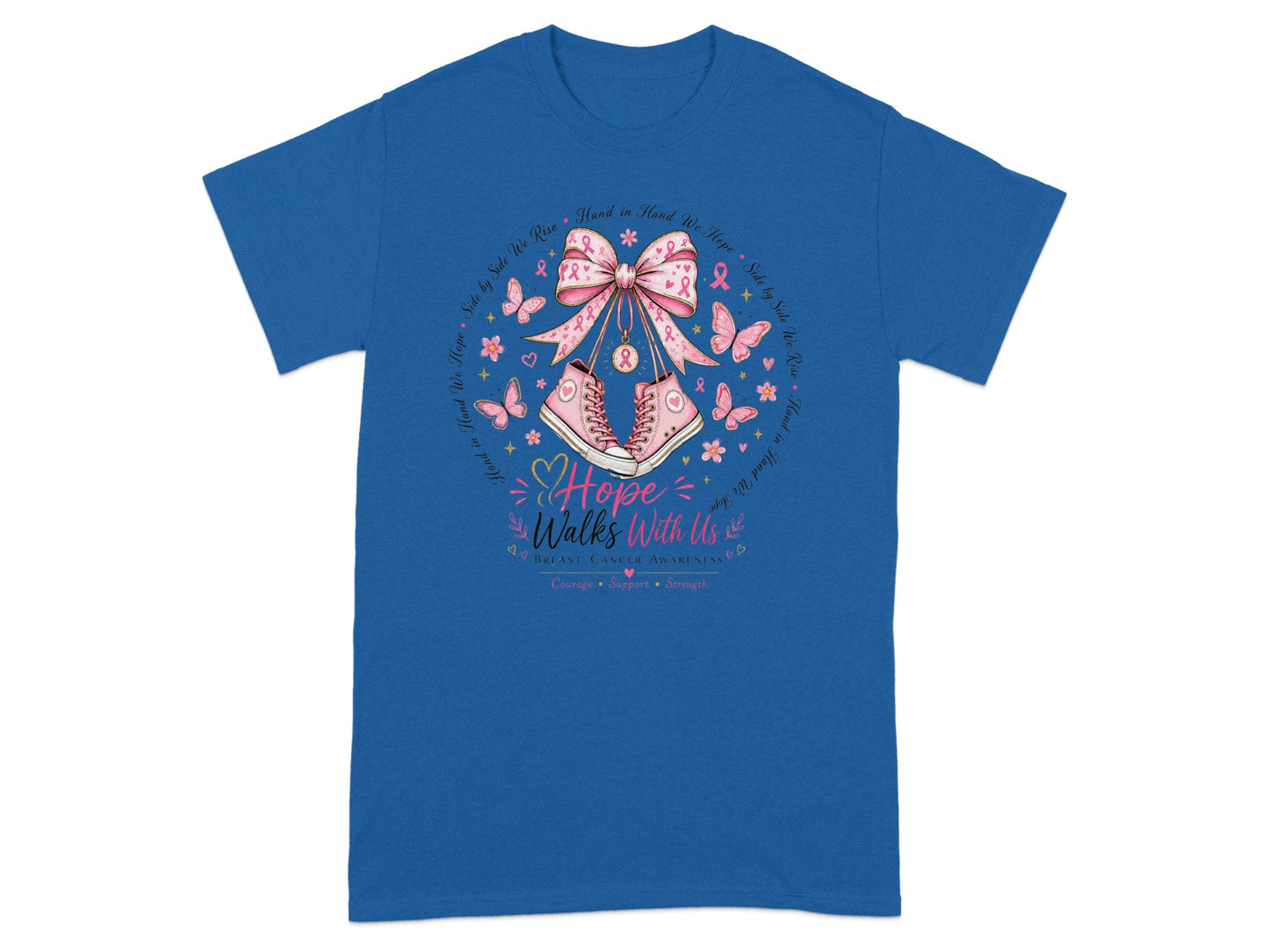 Breast cancer awareness t-shirt with pink sneakers, bow, butterflies, and inspirational text.