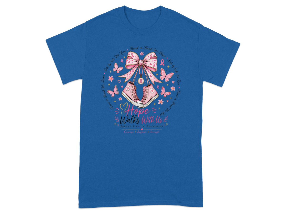 Breast cancer awareness t-shirt with pink sneakers, bow, butterflies, and inspirational text.