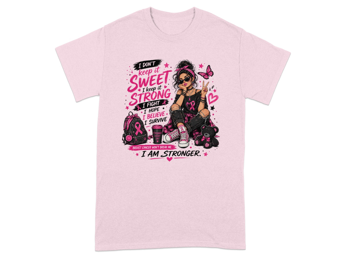 Pink t-shirt with graphic of a woman and breast cancer awareness text.
