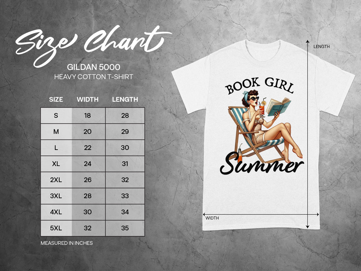 Gildan 5000 t-shirt size chart with "Book Girl Summer" graphic and measurements.