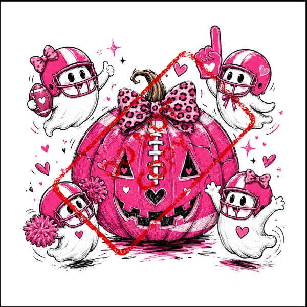 Pink pumpkin with football ghosts, hearts, and pom-poms.