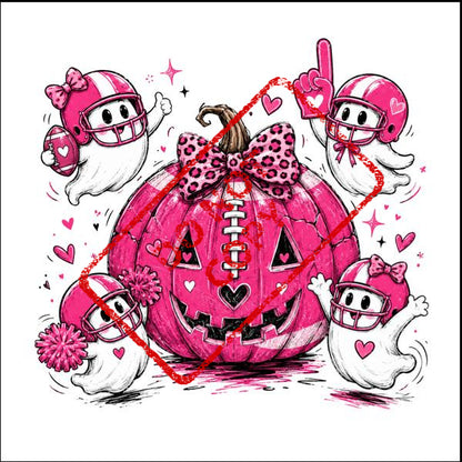 Pink pumpkin with football ghosts, hearts, and pom-poms.