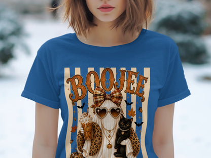 Ghost in leopard coat holding coffee and black cat, "BOOJEE" text.