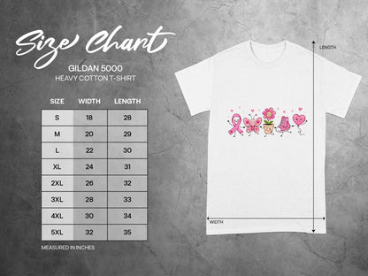 Gildan 5000 Heavy Cotton T-shirt size chart with width and length in inches.