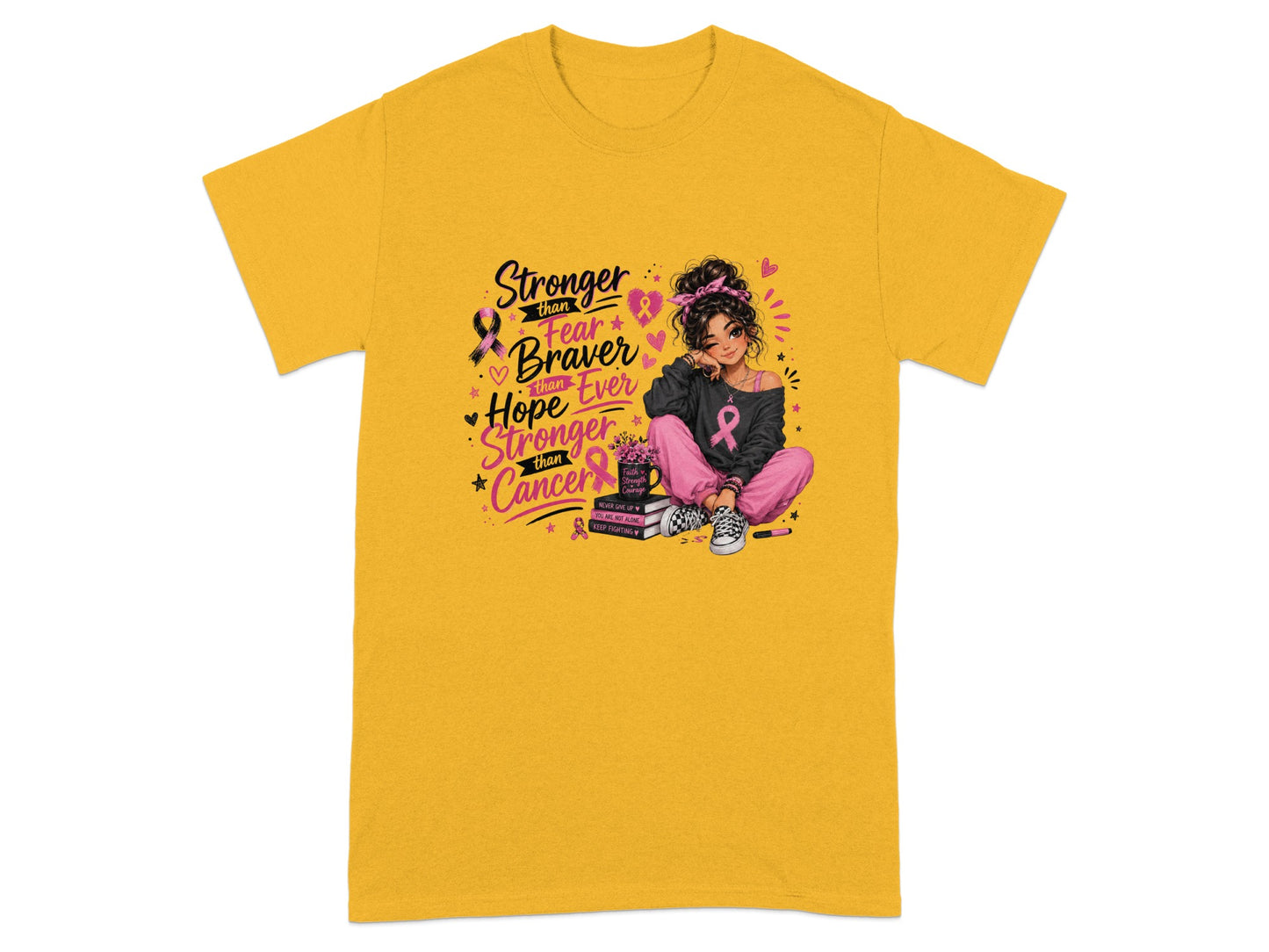 T-shirt with "Stronger than Fear, Braver than Cancer" text and a girl with a pink ribbon.