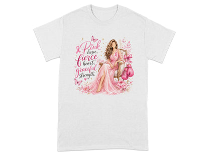 Pink ribbon design with woman, boxing gloves, and text: Pink, hope, fierce, heart, graceful strength.
