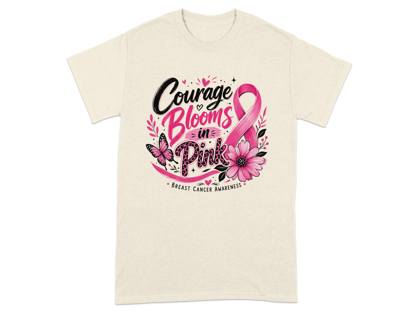 Light beige t-shirt with "Courage Blooms in Pink" and breast cancer awareness ribbon graphic.