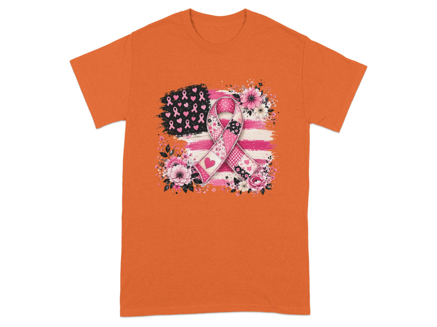 Orange t-shirt with American flag, pink ribbon, flowers, and hearts graphic.