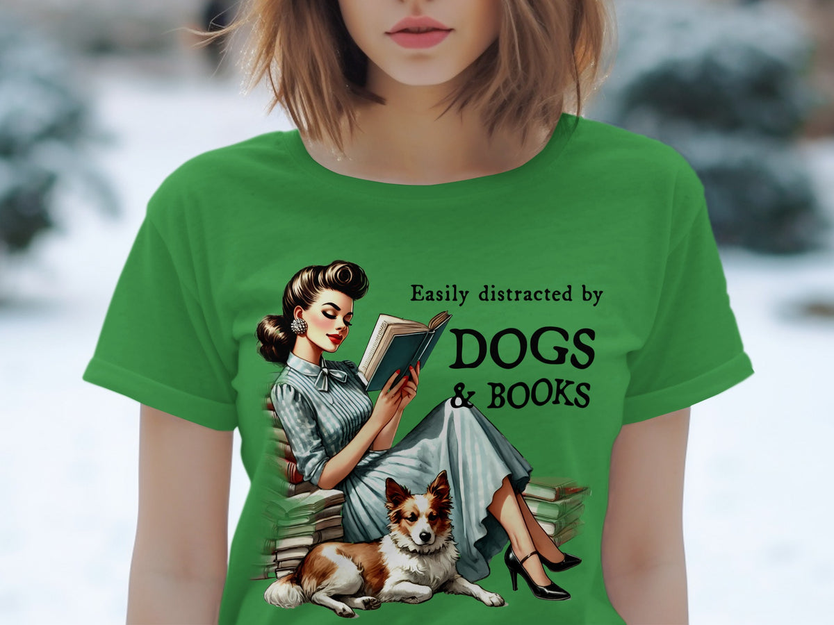 Illustration of a woman reading a book with a dog, text "Easily distracted by DOGS & BOOKS".