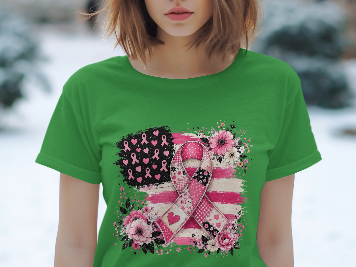 Green t-shirt with American flag graphic featuring pink ribbons and flowers.