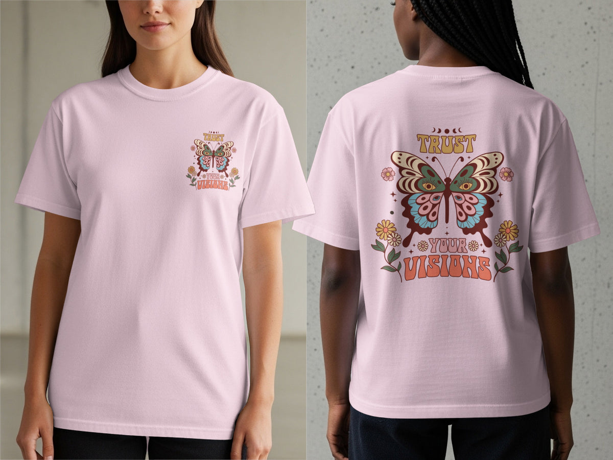Pink t-shirt with butterfly graphic and text "Trust Your Visions" on back.