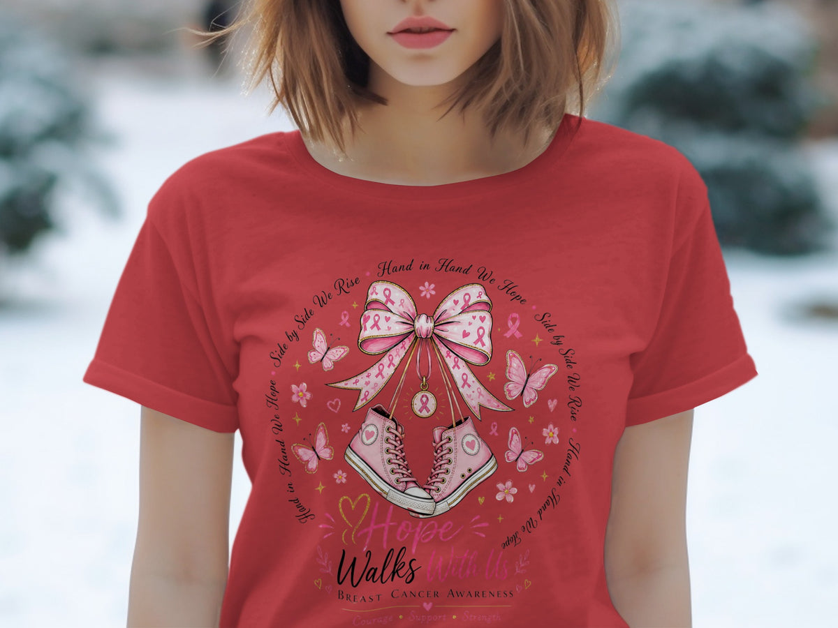 Red t-shirt with pink ribbon, sneakers, butterflies, and "Hope Walks With Us" text.