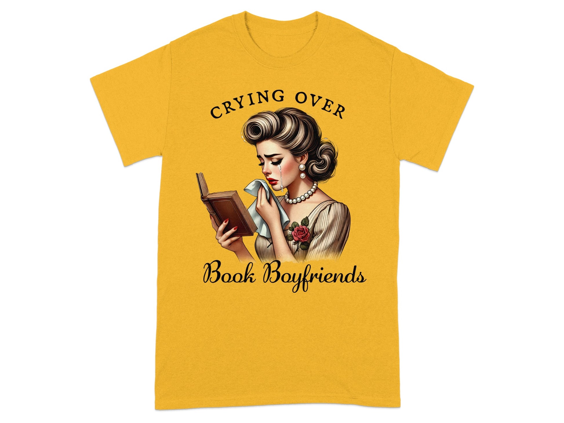 Yellow t-shirt with retro woman crying over a book, text "Crying Over Book Boyfriends".