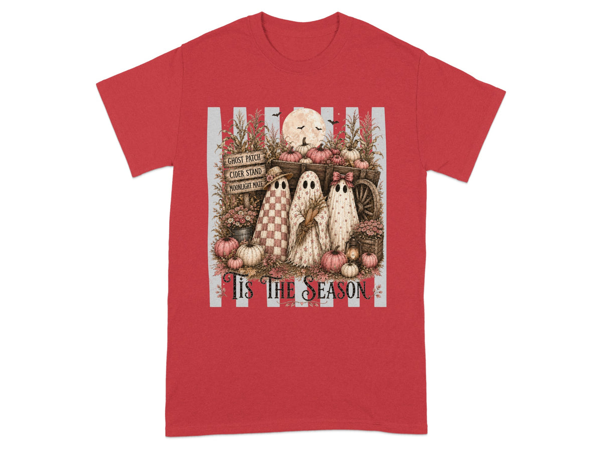 Three ghosts stand by a wagon filled with pumpkins, with text "Tis The Season" below.