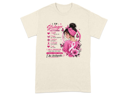 T-shirt graphic with a woman and "I Am Stronger Than Yesterday" breast cancer awareness text.