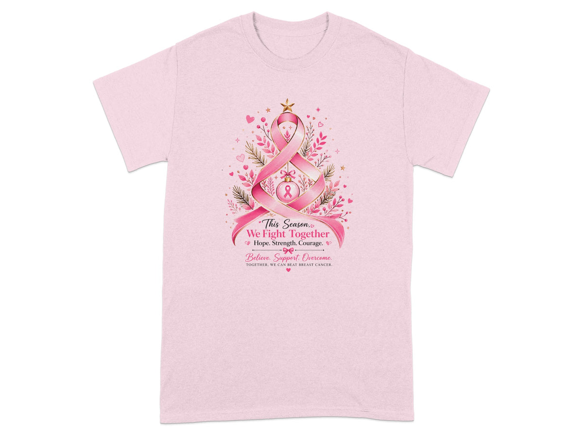 Pink t-shirt with a breast cancer awareness graphic featuring a pink ribbon tree.