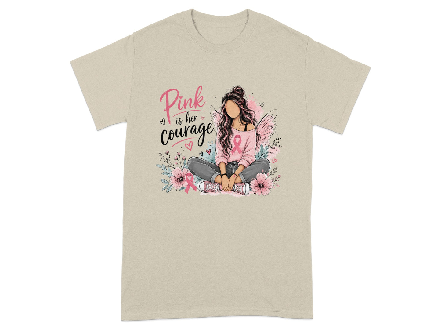 Pink is her courage graphic on a tan t-shirt with a woman and flowers.
