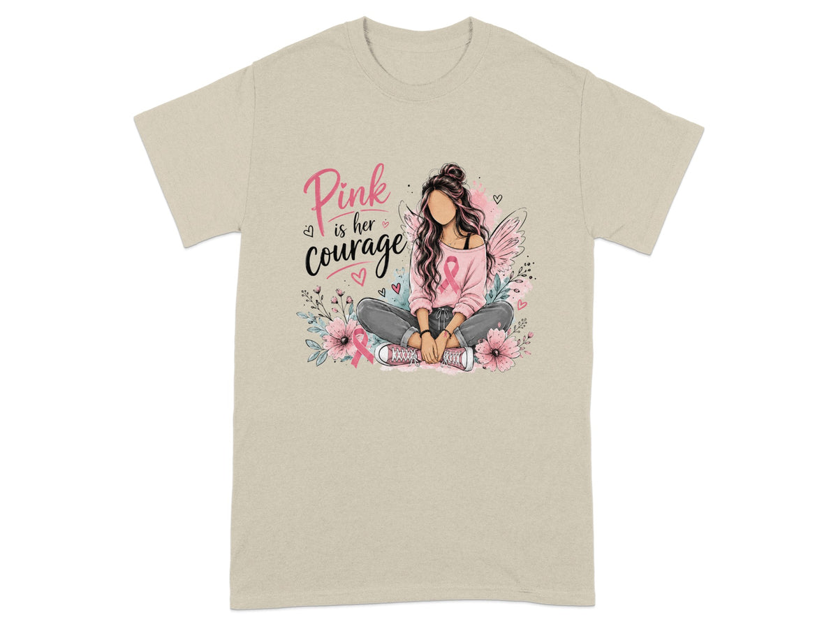 Pink is her courage graphic on a tan t-shirt with a woman and flowers.