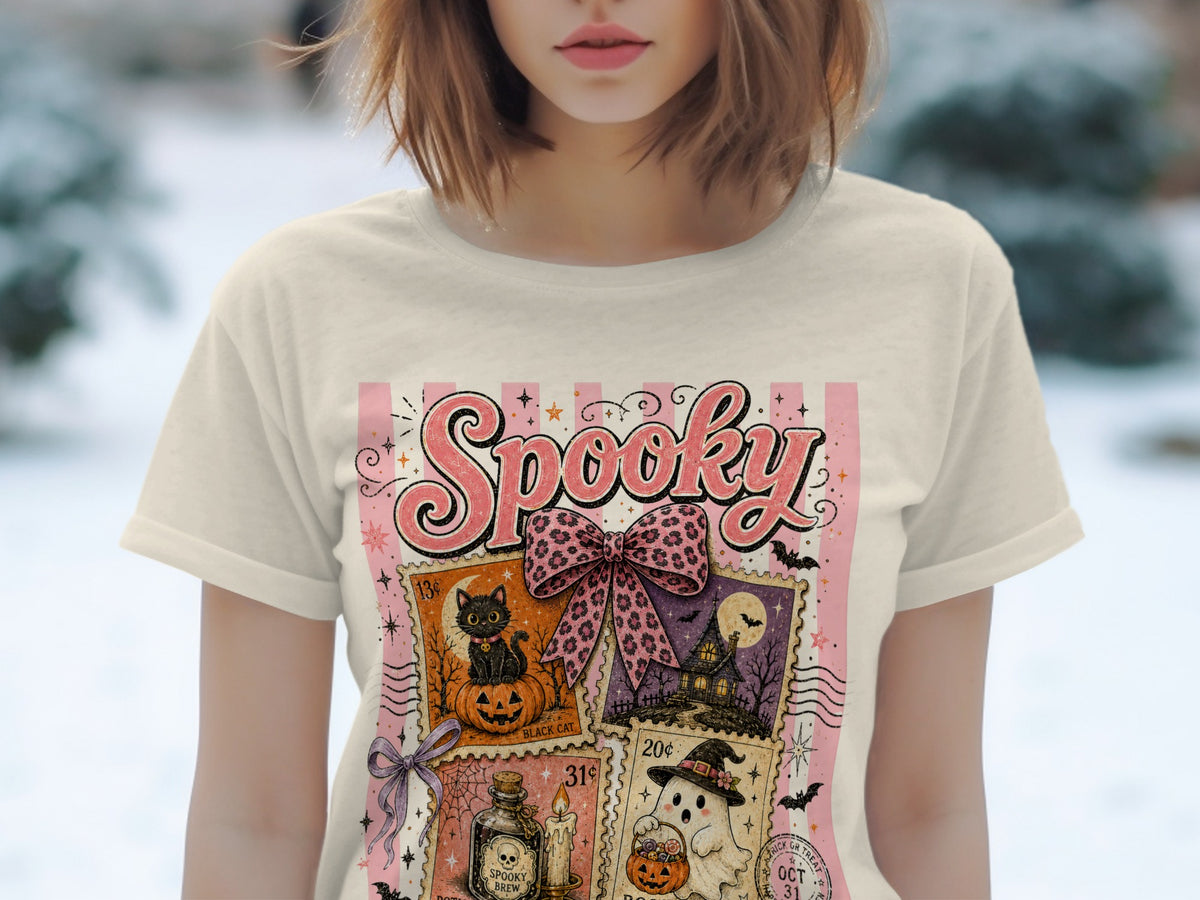 T-shirt with vintage-style Halloween stamp graphics and "Spooky" text.