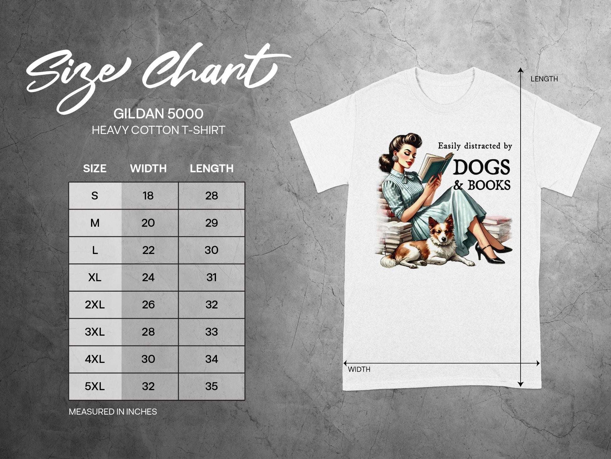 Size chart for Gildan 5000 heavy cotton t-shirt with width and length measurements.
